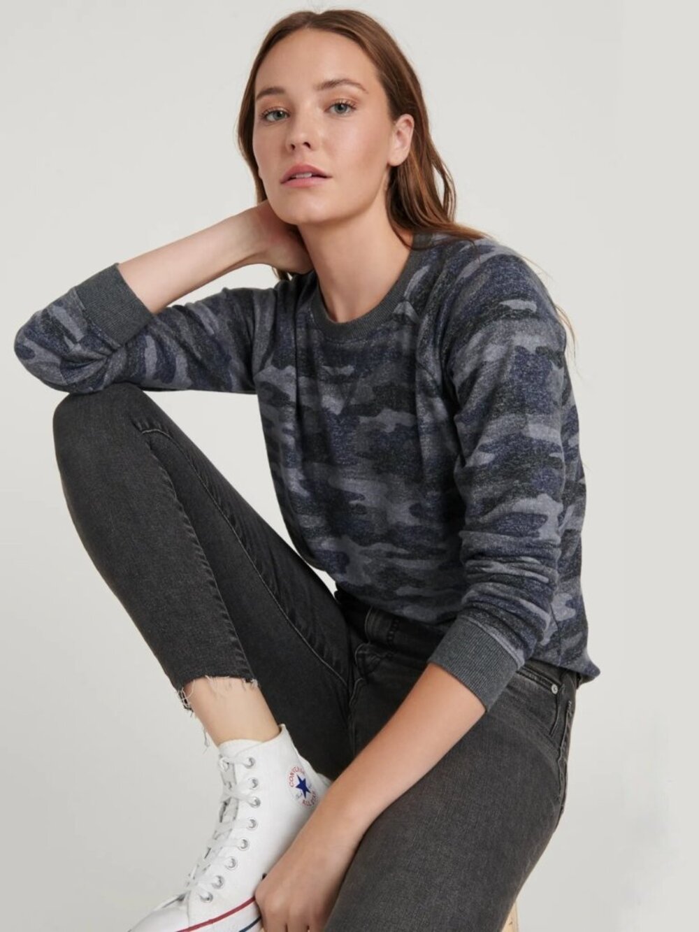 2/$30 Lucky Brand Hacci Camo Crew Neck Sweater Grey Multi Large #A4438 - Picture 5 of 14